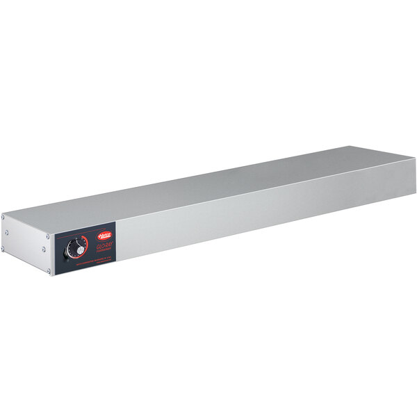 A white rectangular stainless steel Hatco infrared warmer with a knob.