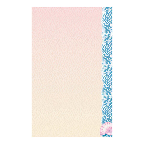 A sheet of paper with a subtle pink and cream gradient background, a blue wavy patterned border on the right, and a small pink seashell illustration in the bottom right corner.