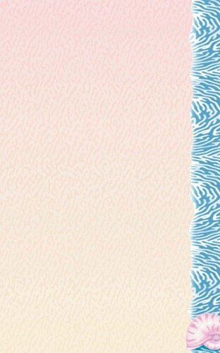 Menu paper with a white background and pink and blue striped border with a shell design.