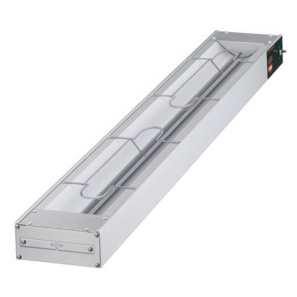 A Hatco stainless steel rectangular metal shelf with a light and wire.