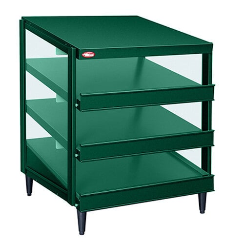 A Hunter green metal Hatco pizza warmer with three shelves.