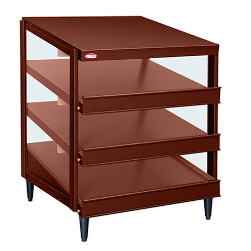 A brown metal Hatco countertop pizza warmer with three shelves.
