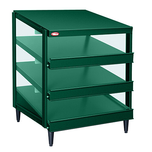 A Hunter green metal Hatco countertop pizza warmer with three shelves.