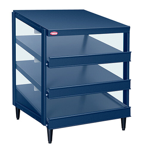 A blue metal Hatco countertop pizza warmer with three shelves.