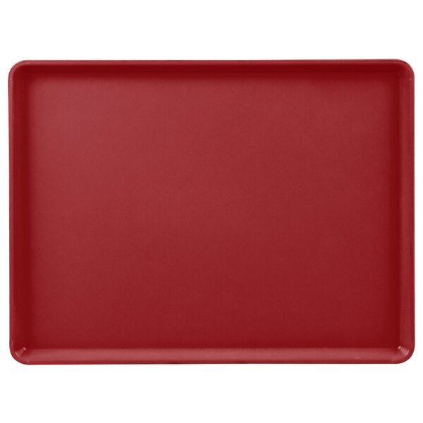 A cherry red rectangular tray with a white border.