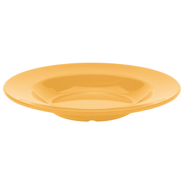 A close-up of a yellow GET Diamond Mardi Gras melamine bowl.