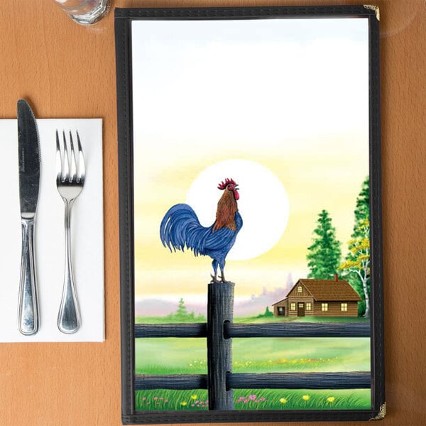 A breakfast-themed menu cover featuring a rooster standing on a fence post with a farmhouse and sunrise in the background.