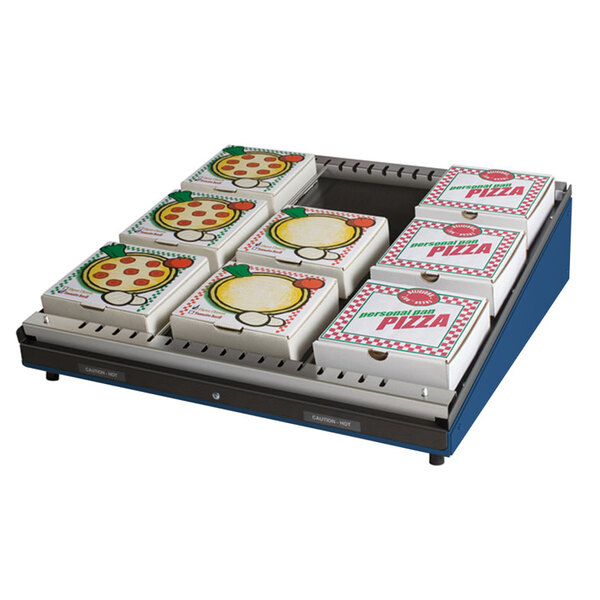 A navy blue Hatco Countertop Pizza Warmer with a pizza box on it.