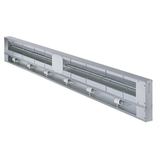 A long metal rectangular light fixture with two metal rods inside.