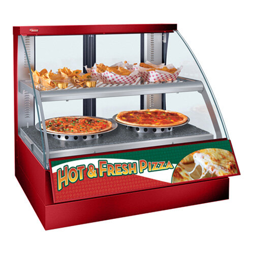 A red Hatco Flav-R-Savor countertop display case with pizza and hot dogs.