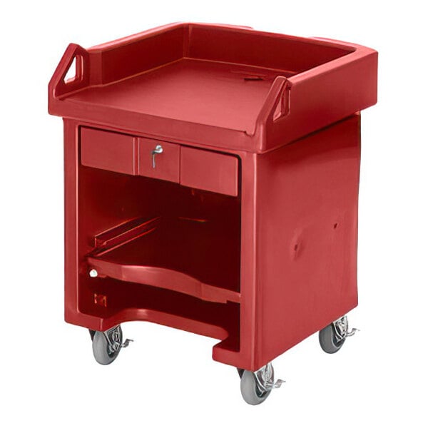 A red rolling cart with a raised edge top, a lockable drawer, an open shelf, and four caster wheels.