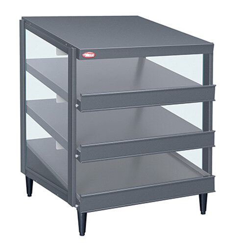 A grey metal Hatco pizza warmer with three metal shelves.