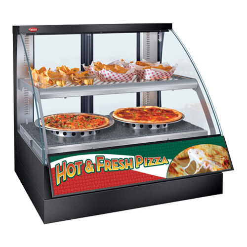 A Hatco Flav-R-Savor countertop display case with pizzas and chips inside.