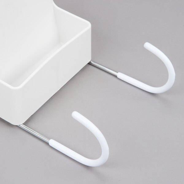 A white plastic Rubbermaid holder with two hooks.