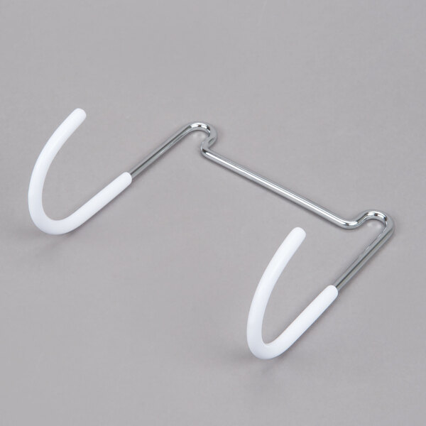 A white metal Rubbermaid holder with two white hooks.