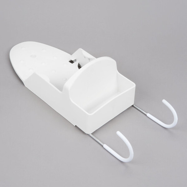 A white plastic Rubbermaid ironing board holder with two hooks.