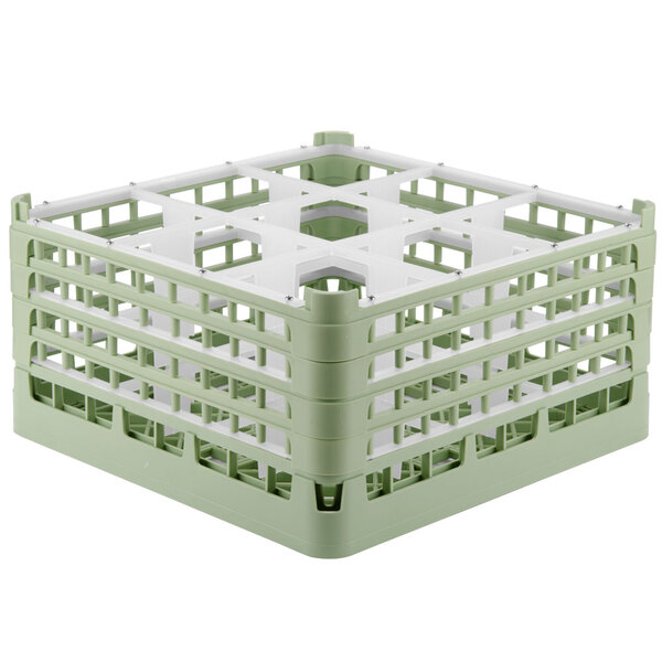 A light green plastic Vollrath glass rack with nine compartments.