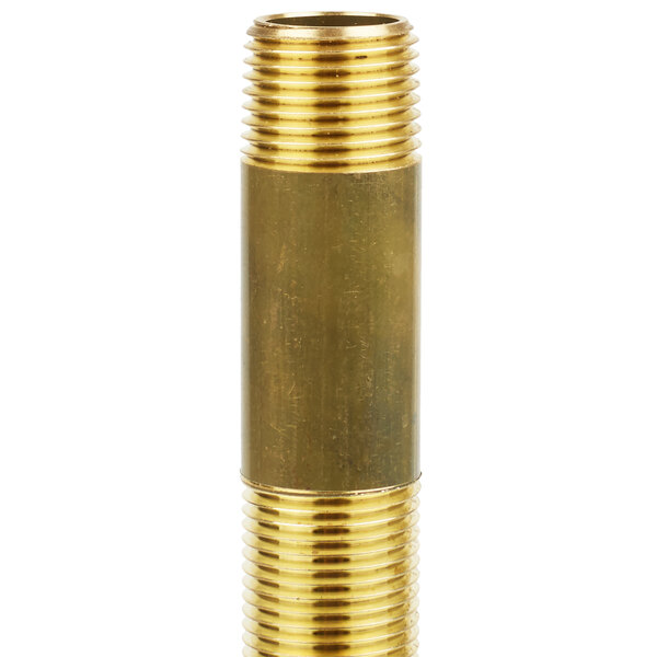 A brass T&S supply nipple with lock nut and washer.