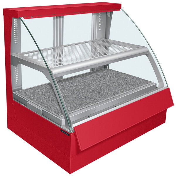 A red Hatco Flav-R-Savor food display case with a glass front and white shelves.