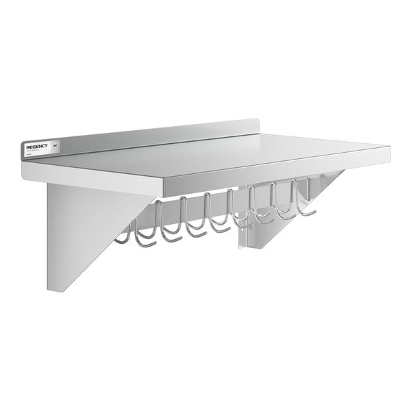 Regency 15" x 36" NSF Stainless Steel Wall-Mounted Pot Rack with Shelf and 18 Galvanized Hooks