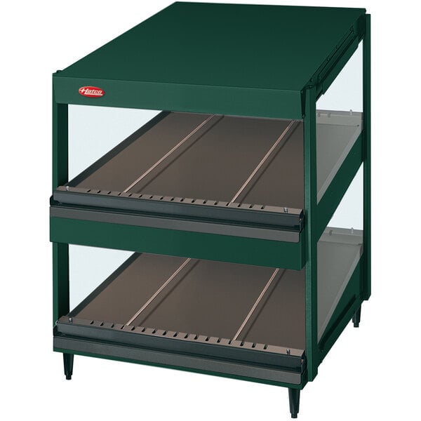 A Hatco Hunter Green Glo-Ray slanted double shelf countertop warmer.