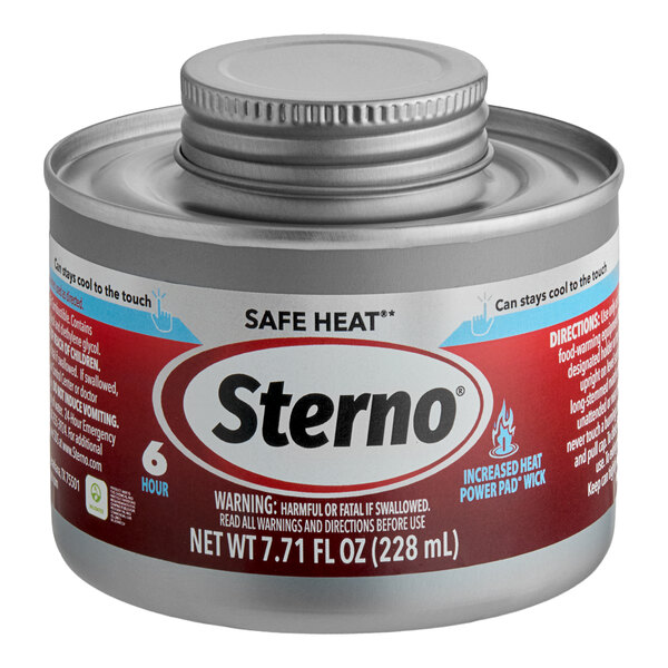 A can of Sterno 6 Hour Safe Heat chafing fuel with Power Pad, containing 7.71 fl oz (228 mL).