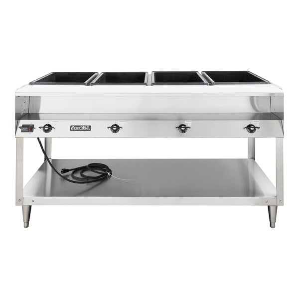 A stainless steel electric four pan hot food table with sealed wells and an open lower shelf.