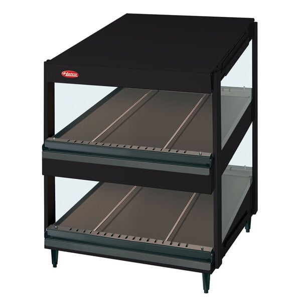 A black Hatco display case with two slanted glass shelves.