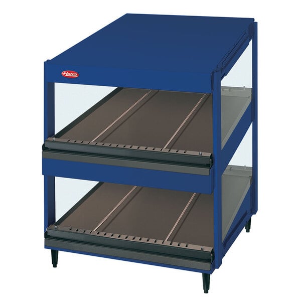 A blue Hatco display case with slanted shelves.