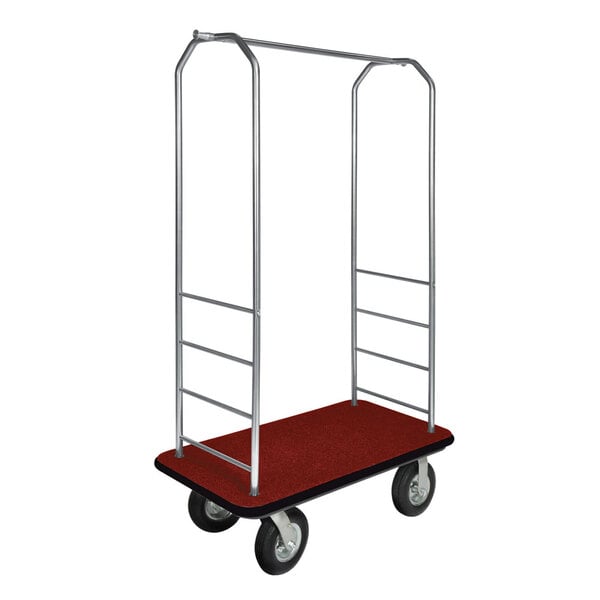 A stainless steel CSL bellman's cart with black accents and a red carpet surface, and black pneumatic wheels.