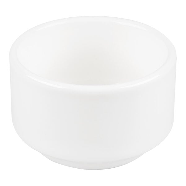 A small, white, stackable china ramekin with a 3 oz. capacity.