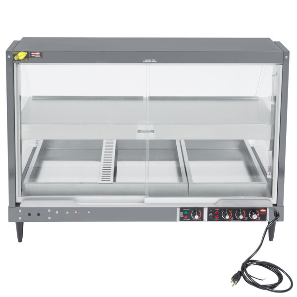 A grey Hatco countertop food warmer with humidity controls and a glass door.