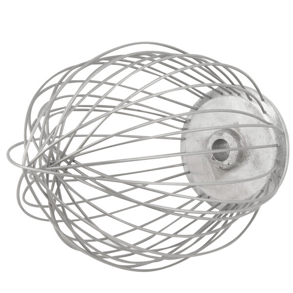 A Hobart stainless steel wire whip with a wire ball shaped end.