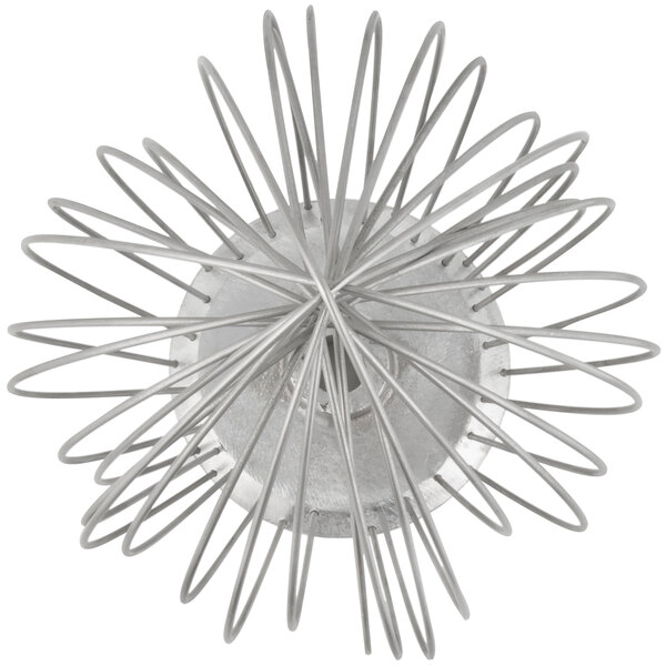 A close-up of a Hobart stainless steel wire whip with many small sticks.
