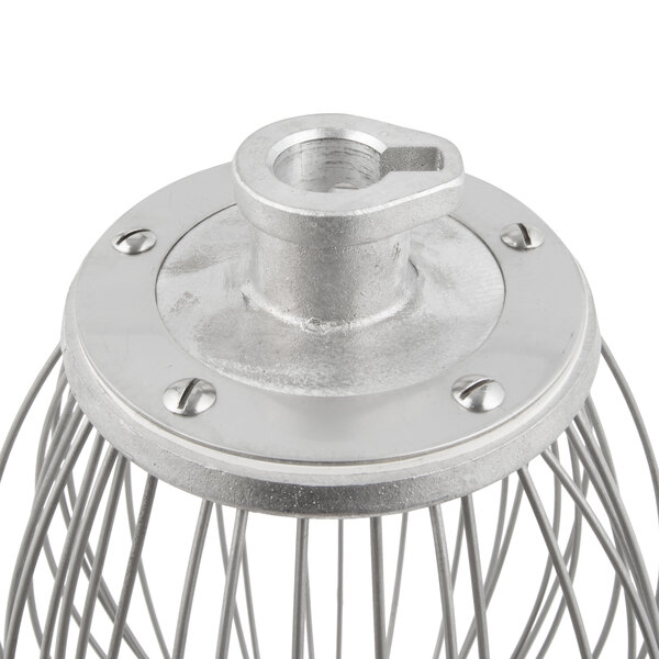 A close-up of a Hobart stainless steel wire whip with metal wires.