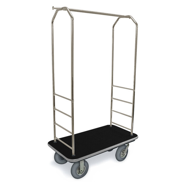 A CSL brushed stainless steel luggage cart with a black rectangular base and gray bumpers and casters.