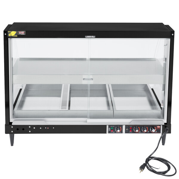 A black Hatco Glo-Ray countertop food warmer with clear glass shelves.