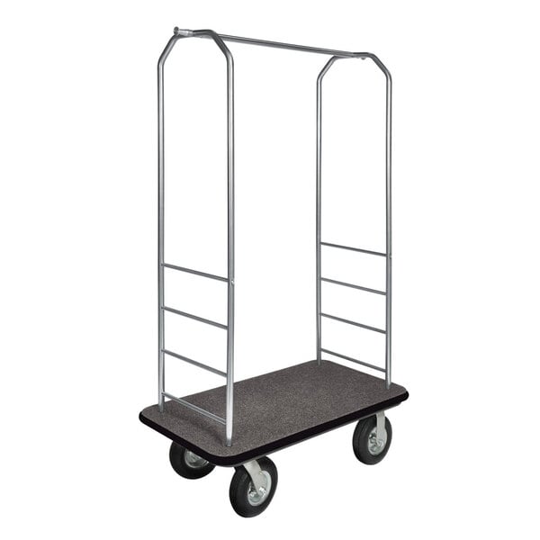 A CSL stainless steel bellman's cart with black accents and black carpet.