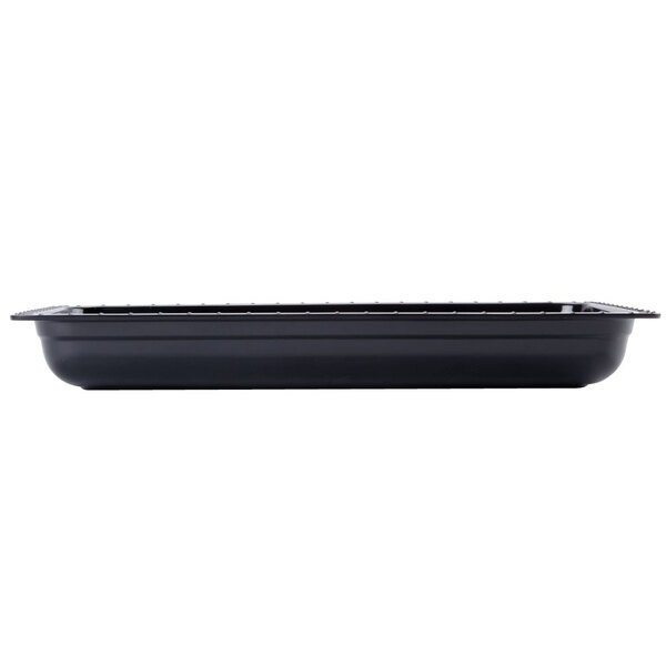 A black rectangular GET melamine food pan on a table.