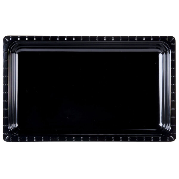 A black rectangular food pan with a beaded border.