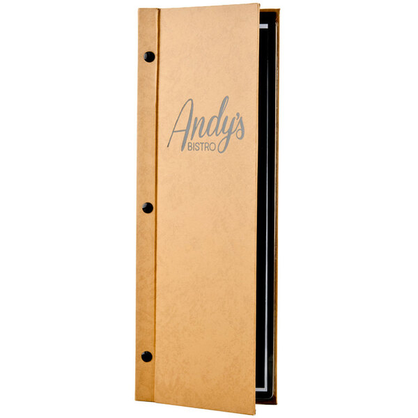 A brown Menu Solutions Chicago screw-post menu cover with a logo on it.