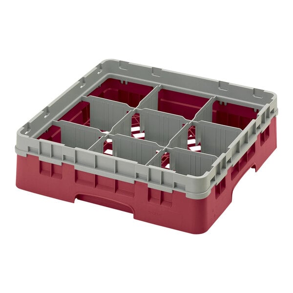 A red and grey plastic container with nine compartments and one extender.