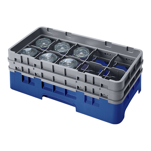 A navy blue and gray glass rack with 10 compartments and two extenders, designed for holding and washing glassware.