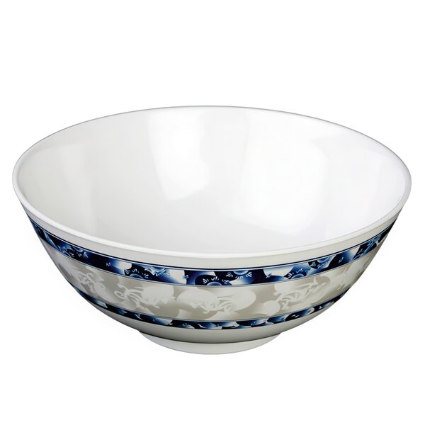 A white bowl with blue and white dragon designs.