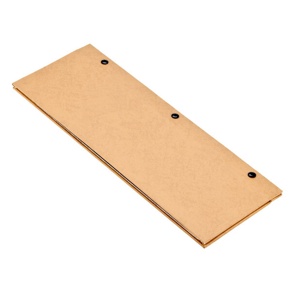 A brown rectangular Menu Solutions menu cover with two holes on the front.