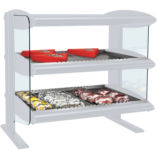 A white Hatco countertop food display with LED lighting and a shelf of food.
