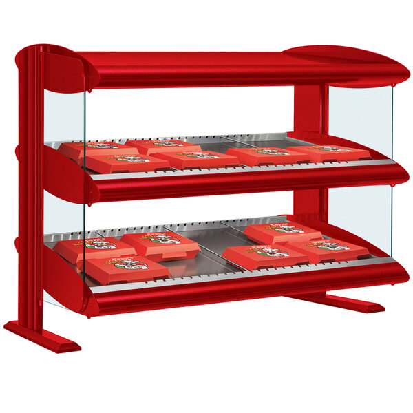 A Hatco red warm LED shelf display with red trays on a shelf.