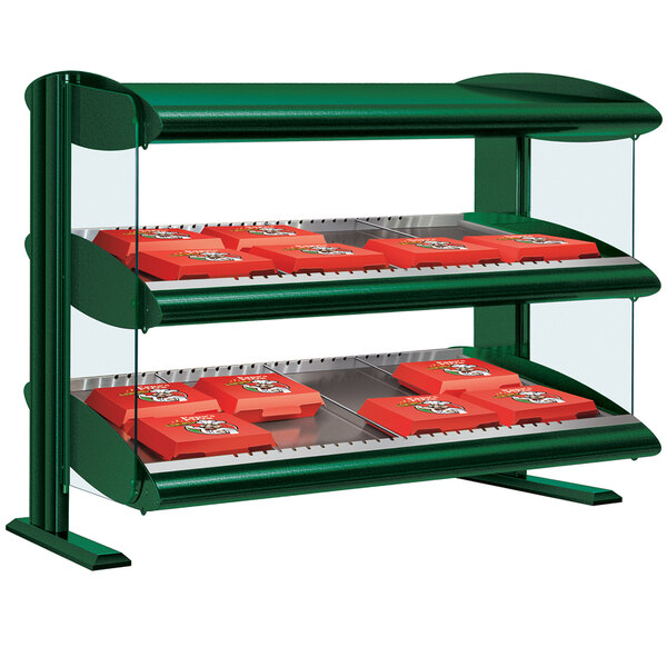 A Hatco green LED countertop merchandiser with a red shelf.