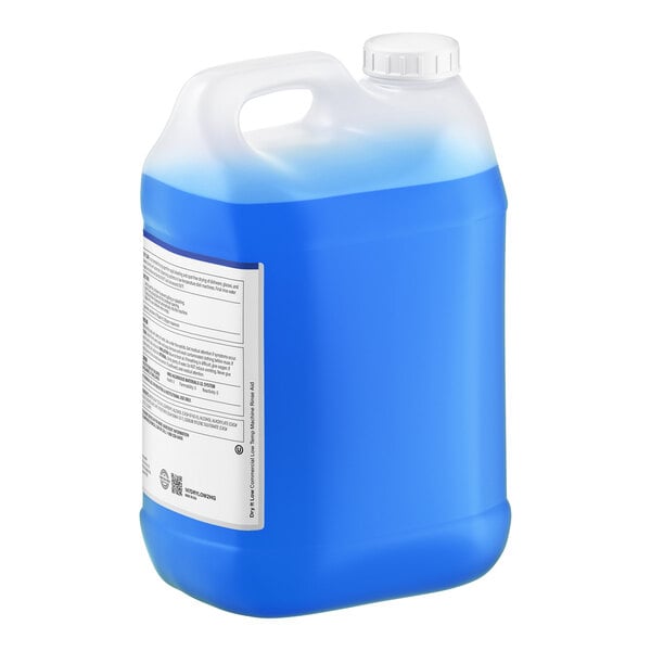 A large translucent plastic jug filled with blue liquid, featuring a white screw cap and a handle.