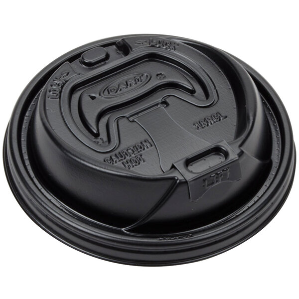 A black plastic Dart lid with a reclosable tab.